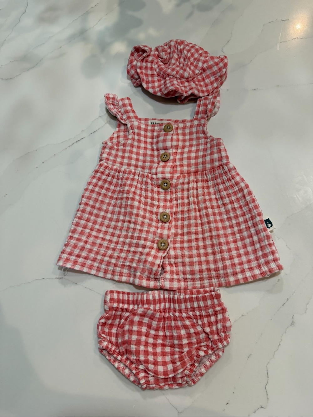 Pink Gingham Girls Matching Set with Bloomer and Hat